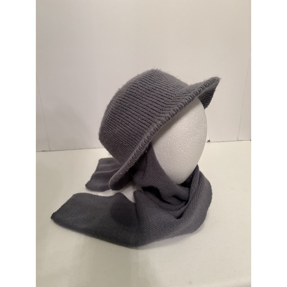 Vintage 60s Gray Hat Scarf Combo Beanie Knit Acrylic Hansen ‎ VTG USA Made